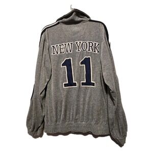 Vintage 90s Mega Inc Velour NY Track Jacket Mens LG Gray Navy Zip Grunge Y2K